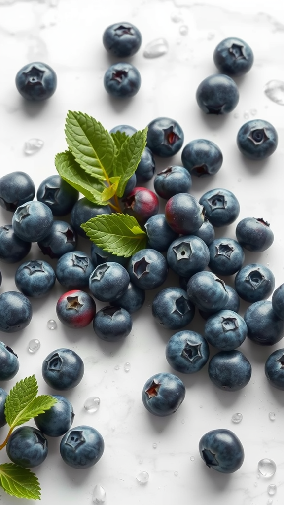 Best Superfoods for Energy A close-up of fresh blueberries with green leaves, showcasing their rich color and textures.