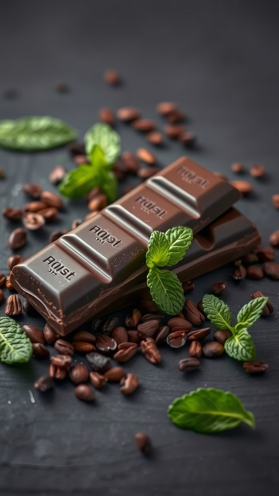 Best Superfoods for Energy A close-up of dark chocolate bars surrounded by coffee beans and mint leaves.