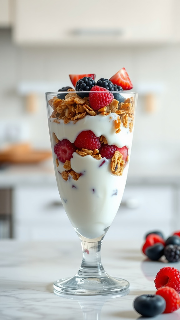 Best Superfoods for Energy A tall glass of Greek yogurt layered with granola and mixed berries.