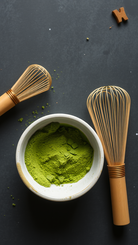Best Superfoods for Energy Bowl of matcha powder with bamboo whisks on a dark surface.