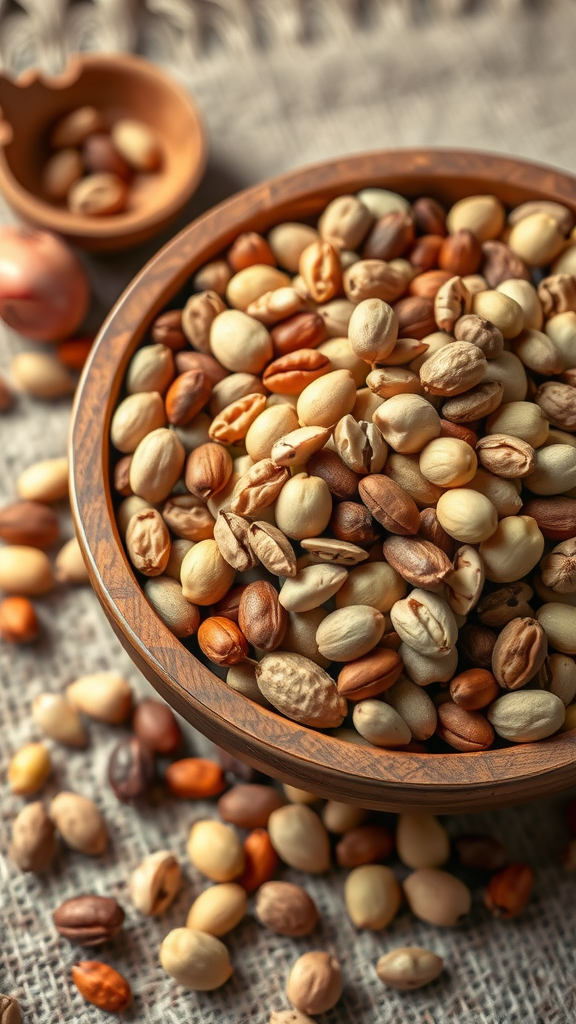 Best Superfoods for Energy A bowl filled with a variety of nuts and seeds on a textured surface.