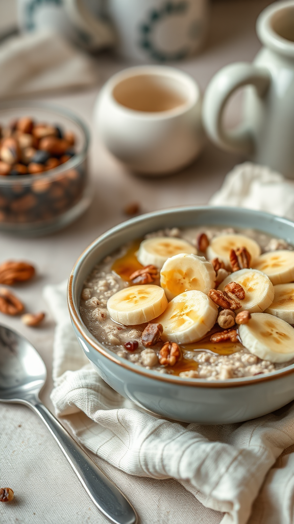 Best Superfoods for Energy A bowl of oatmeal topped with banana slices and nuts, with additional nuts in the background.