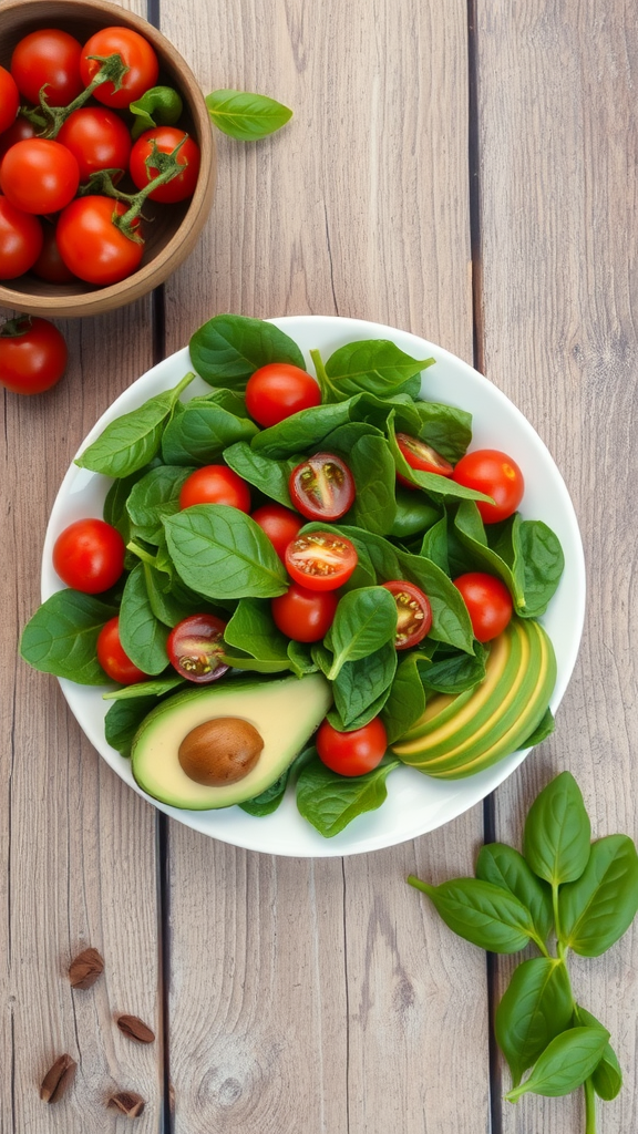 Best Superfoods for Energy A fresh salad with spinach, tomatoes, and avocado on a wooden table.