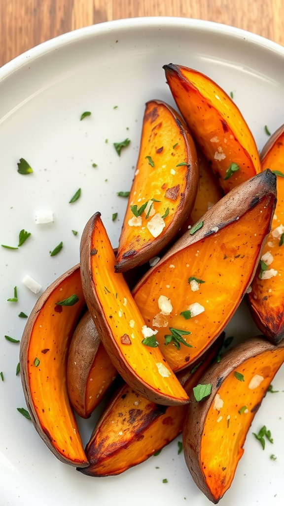 Best Superfoods for Energy A plate of roasted sweet potato wedges garnished with herbs and salt.