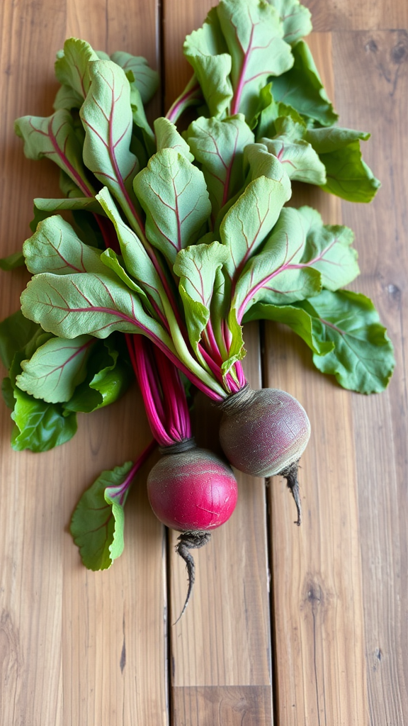 A bunch of fresh beets with green leaves on a wooden surface.