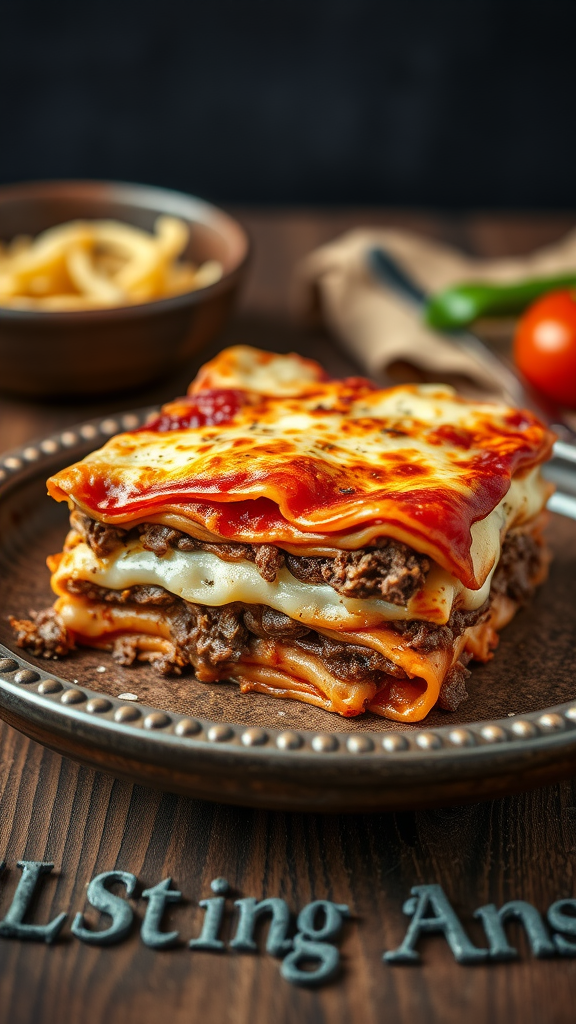 A delicious serving of classic beef lasagna layered with cheese and meat.