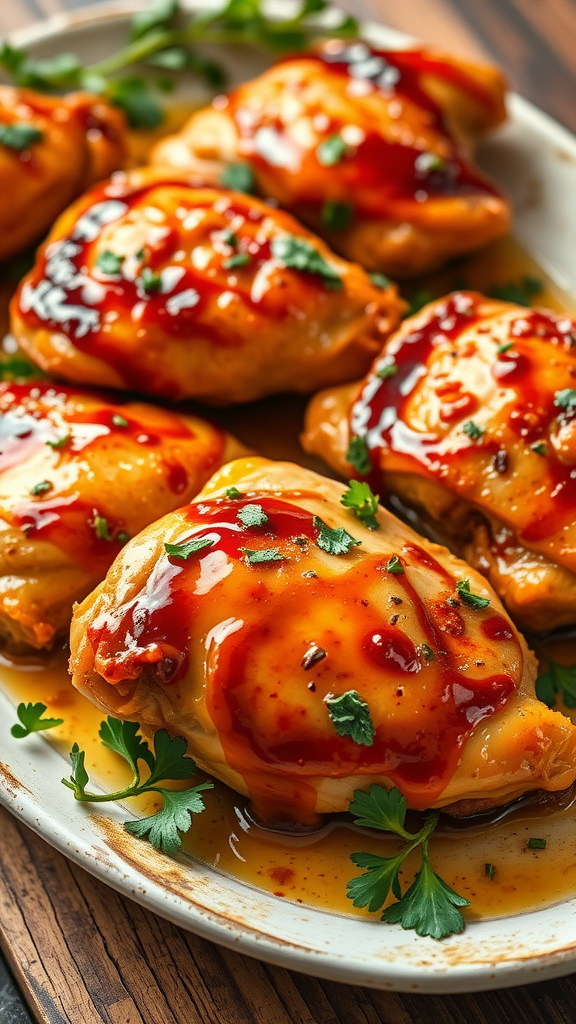 Honey garlic glazed chicken thighs served on a plate, garnished with parsley.
