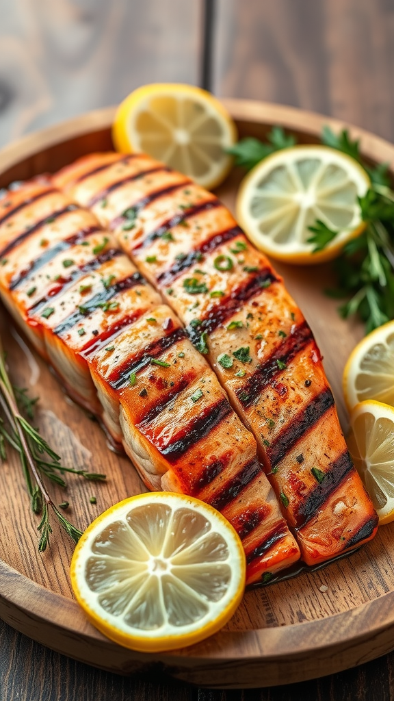 Grilled salmon fillets garnished with lemon slices and herbs