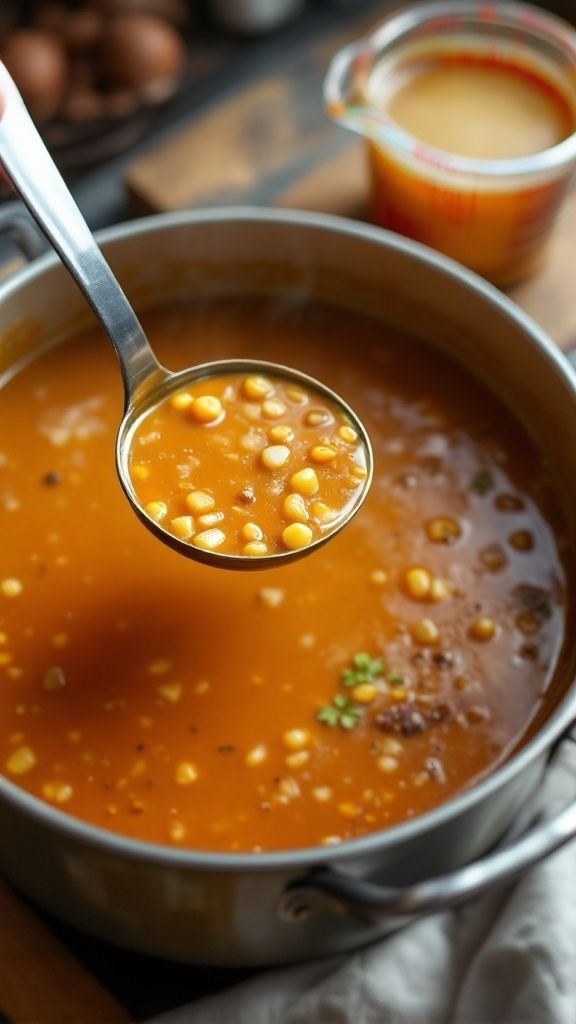 A spoonful of ground beef vegetable soup with corn