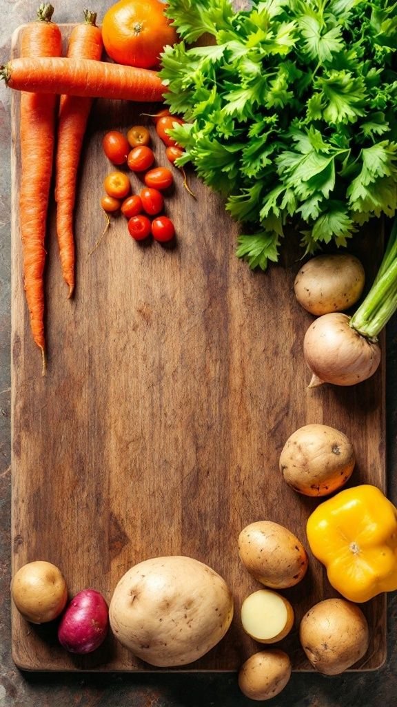 Fresh vegetables including carrots, tomatoes, celery, and potatoes arranged on a wooden board.