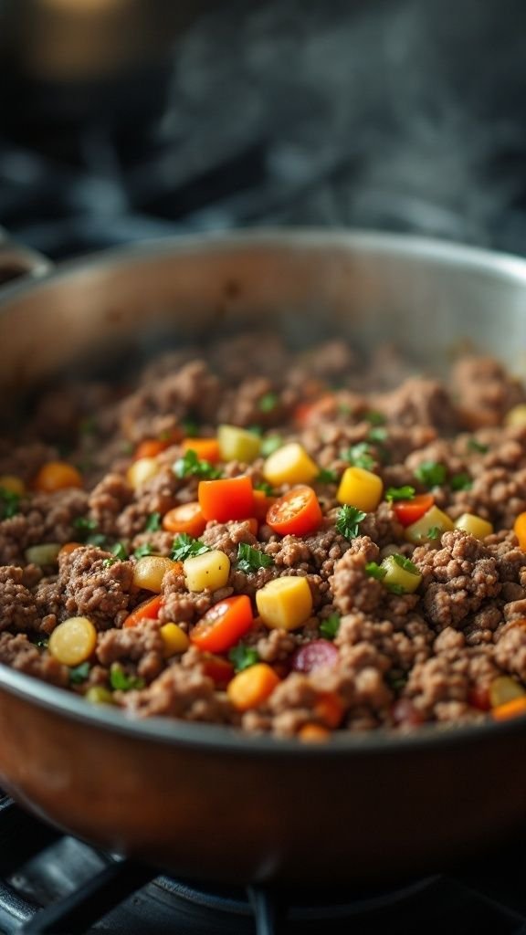 A pot of ground beef vegetable soup simmering with colorful vegetables.