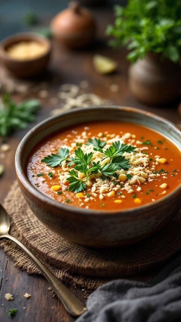 A bowl of ground beef vegetable soup garnished with herbs and cheese.