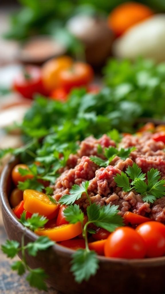 Ground beef vegetable soup made with colorful vegetables and herbs.