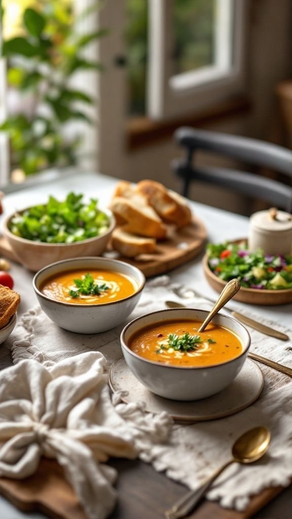 A cozy serving of ground beef vegetable soup with fresh bread and salad on the side.