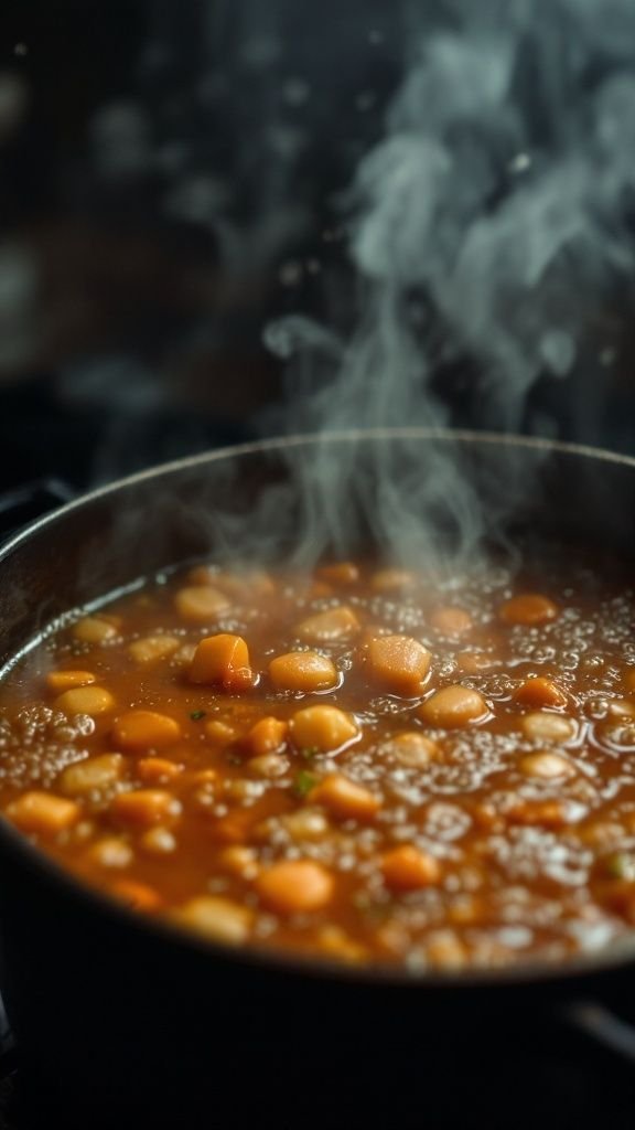 A pot of steaming vegetable soup with ground beef, showcasing vibrant colors and hearty ingredients.