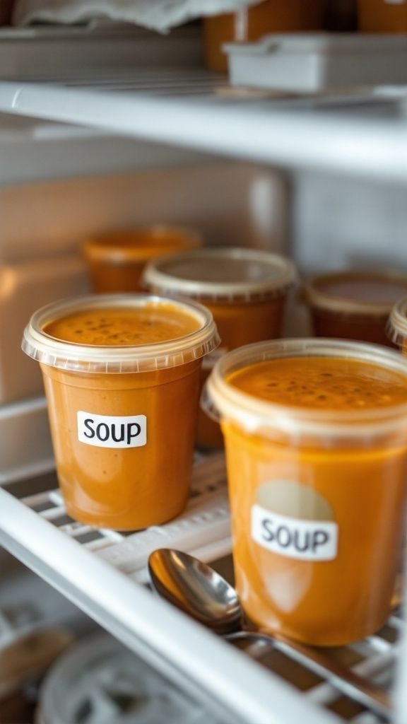 Containers of soup stored in a refrigerator, labeled for easy identification.