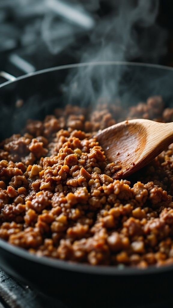 Ground beef being browned in a skillet with steam rising