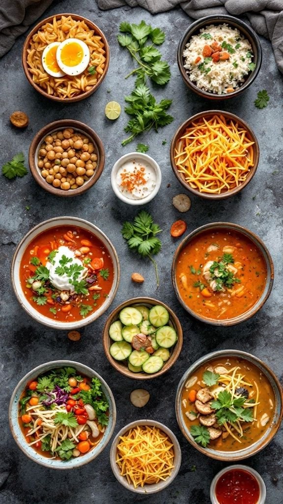 A variety of bowls filled with colorful soups and toppings, showcasing different ingredients and garnishes.