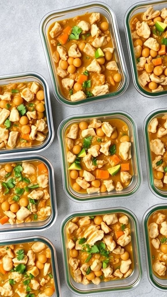 A collection of meal prep containers filled with Keto White Chicken Chili.