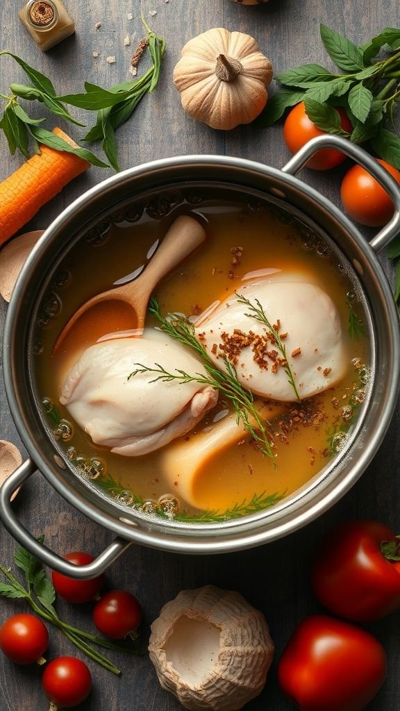 A pot of chicken chili with spices and fresh ingredients