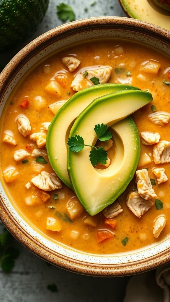 Creamy keto white chicken chili topped with avocado slices and cilantro.
