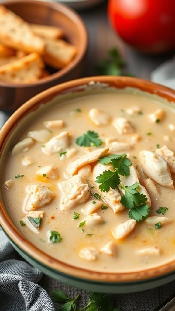 A bowl of Keto White Chicken Chili garnished with fresh cilantro, showcasing a creamy broth with chicken pieces.