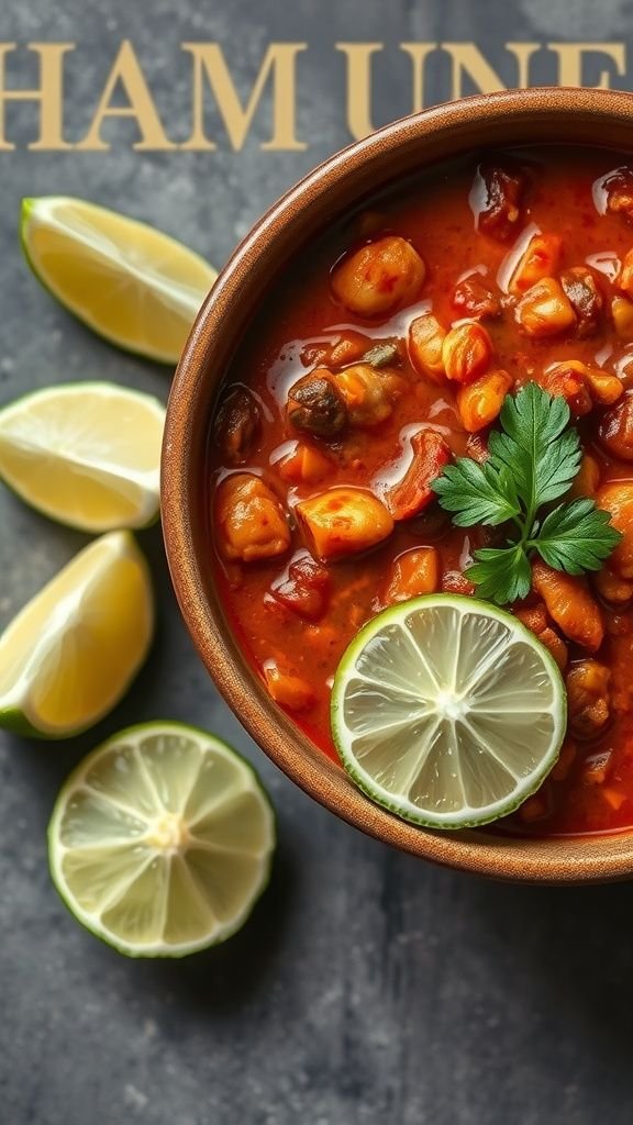 A bowl of Keto White Chicken Chili with lime wedges on the side.