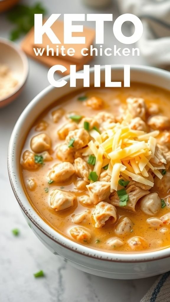 A bowl of keto white chicken chili topped with shredded cheese and cilantro.