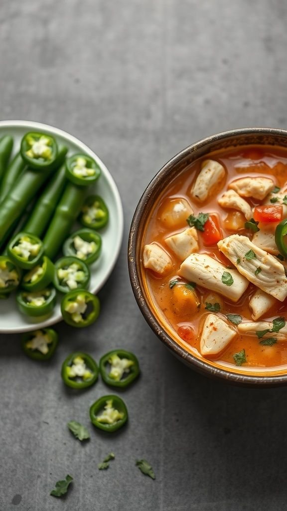Keto White Chicken Chili with sliced jalapeños on the side.