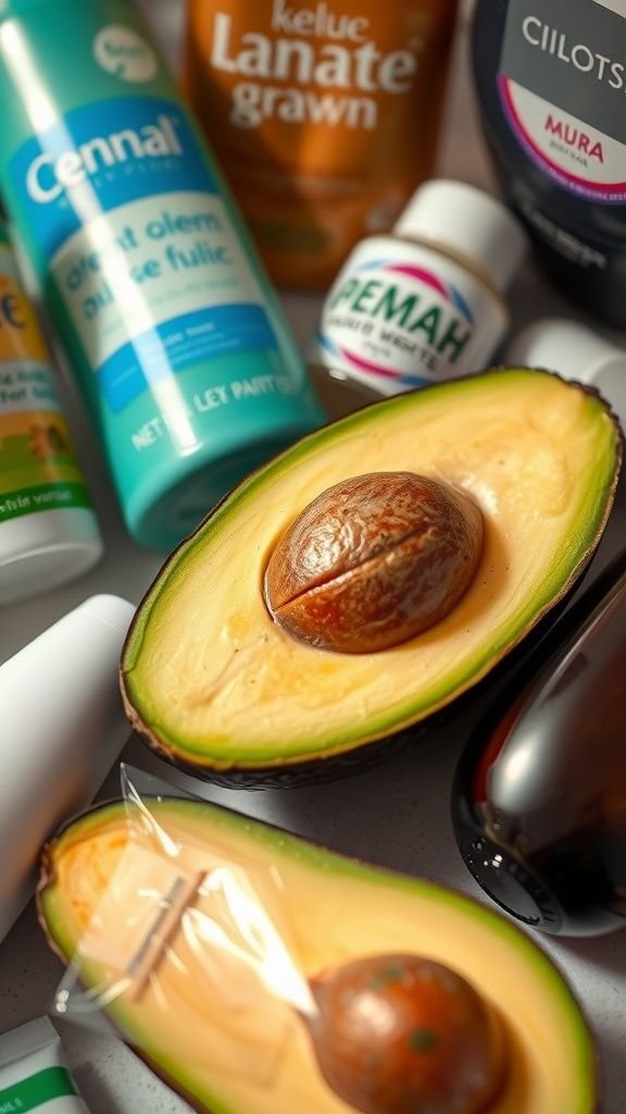 Cut avocado surrounded by hair care products
